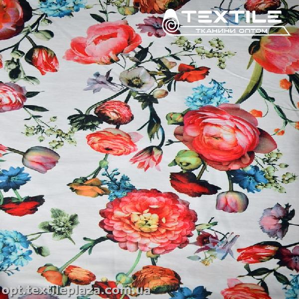 Коттон плотный стрейчевый цветной 3158D2C1 цветы, белый