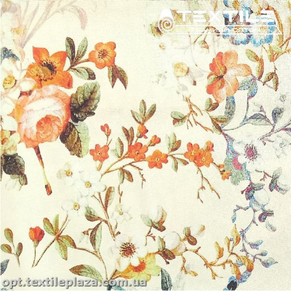 Коттон плотный стрейчевый цветной 4082D5C1 цветы, молочный