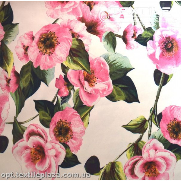 Коттон плотный стрейчевый цветной 2409D3C1 цветы, молочный