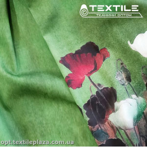 Коттон плотный стрейчевый цветной 4082D4C2 цветы, рапорт зеленый