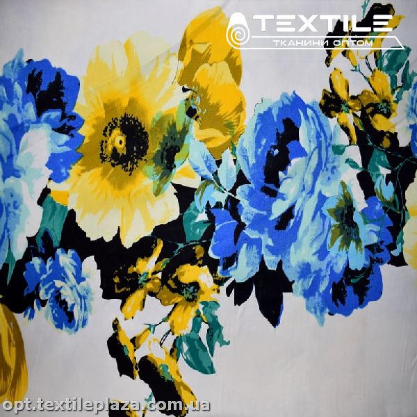 Коттон плотный стрейчевый цветной 3158D8C1 цветы синие, белый