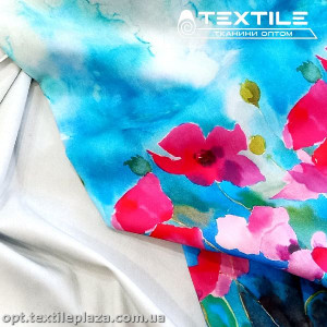 Коттон плотный стрейчевый цветной 4082D1C1 цветы, рапорт голубой