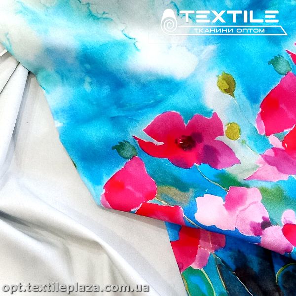Коттон плотный стрейчевый цветной 4082D1C1 цветы, рапорт голубой