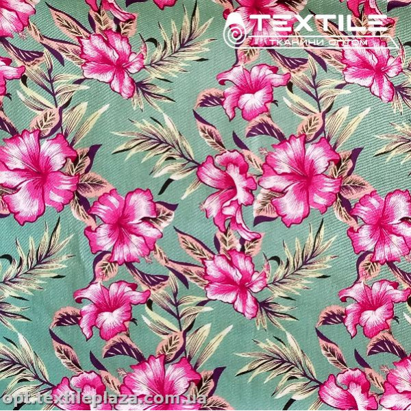 Коттон плотный стрейчевый цветной 4082D60C3 цветы, фисташковый