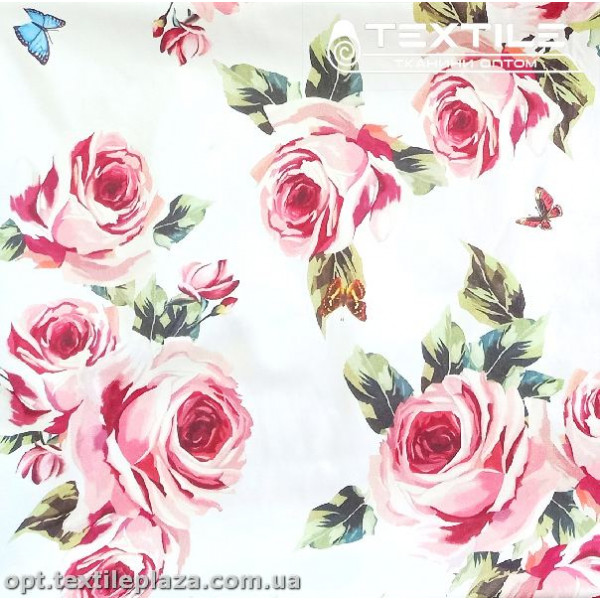 Коттон плотный стрейчевый цветной 2409D2C1 цветы, молочный
