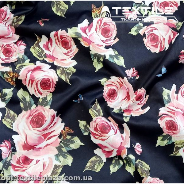 Коттон плотный стрейчевый цветной 2409D2C2 цветы, черный