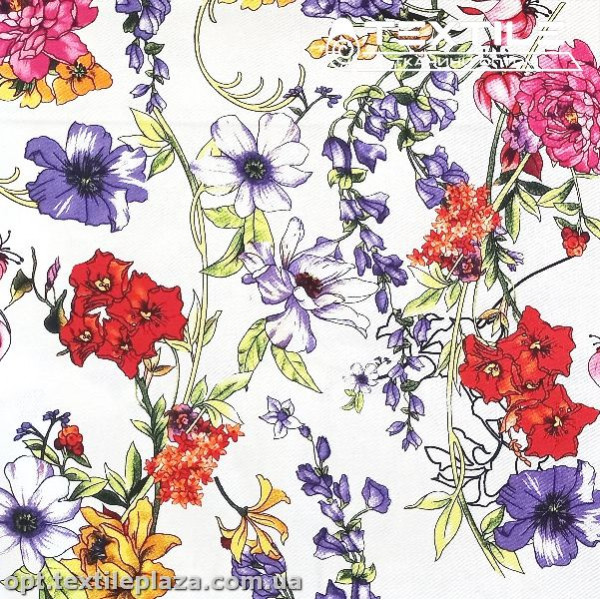 Коттон плотный стрейчевый цветной 4082D6C1 цветы, белый