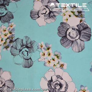 Коттон плотный стрейчевый цветной 2669D2C2 цветы, бирюзовый