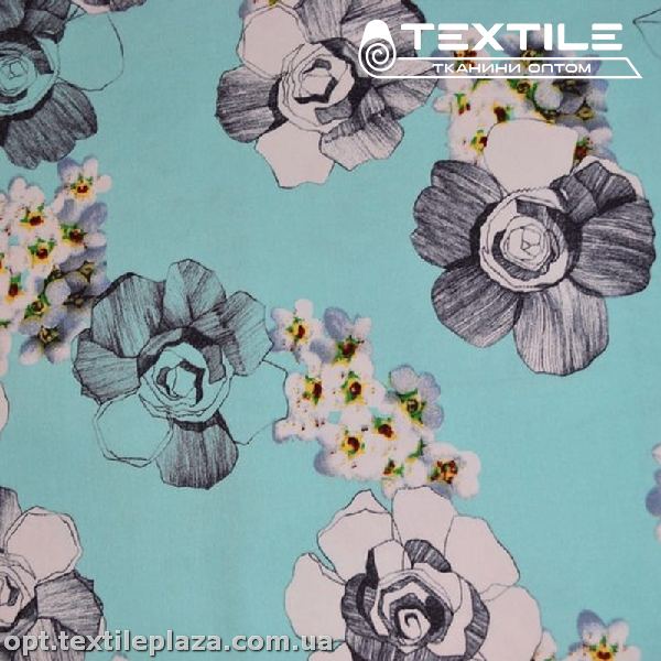 Коттон плотный стрейчевый цветной 2669D2C2 цветы, бирюзовый