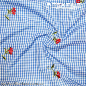 Хлопок вышивка 16855D1C1 цветы, клетка бело-голубой