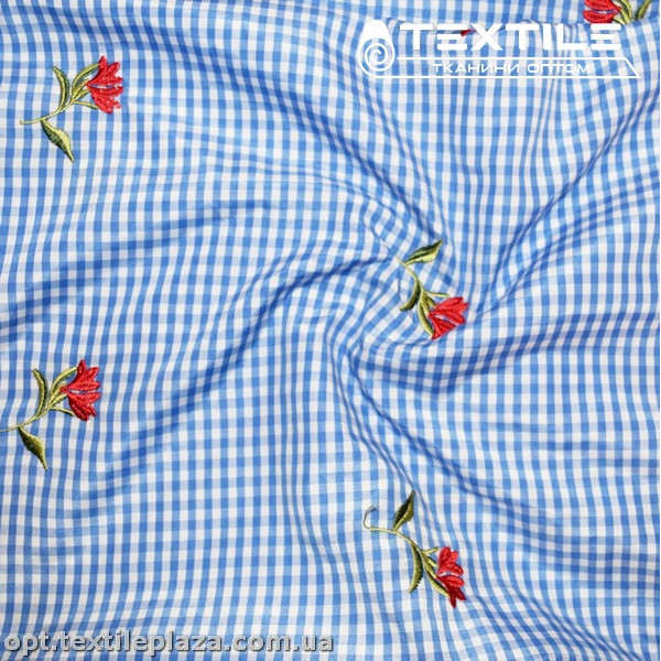 Хлопок вышивка 16855D1C1 цветы, клетка бело-голубой
