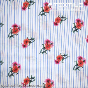 Хлопок полоска 3033D1C1 цветы красные, бело-голубой