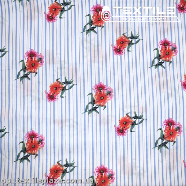 Хлопок полоска 3033D1C1 цветы красные, бело-голубой