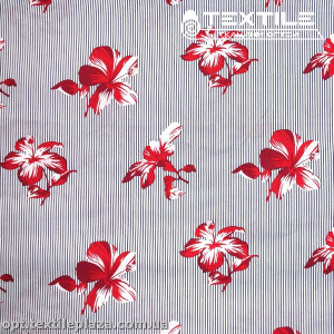 Хлопок полоска 3033D3C1 цветы красные, бело-синий