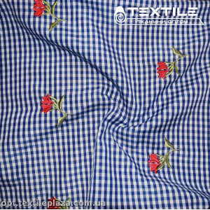 Хлопок вышивка 16855D1C2 цветы, клетка бело-синий
