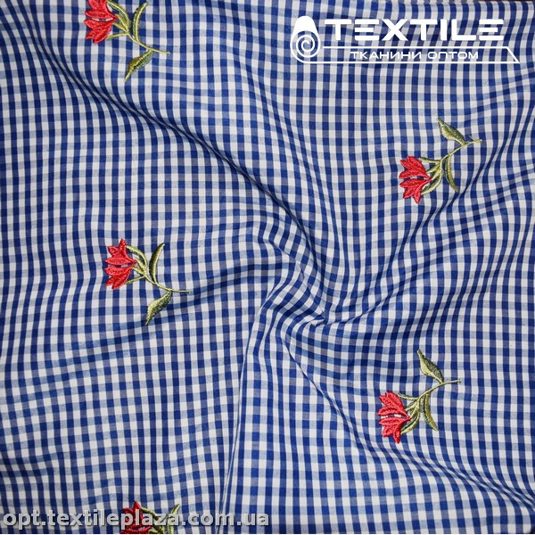 Хлопок вышивка 16855D1C2 цветы, клетка бело-синий