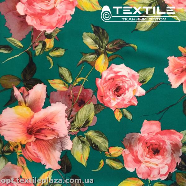 Костюмная ткань Барби цветная 3161D7C2 цветы, изумрудный