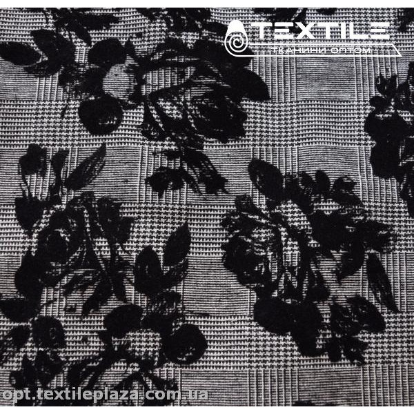 Костюмная ткань Твид 3299D1C1 клетка-цветы флок, черный