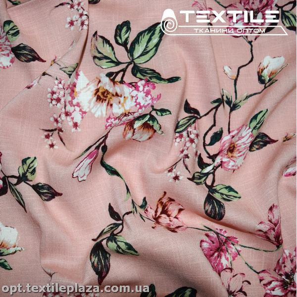 Лён вискозный slub цветной 4079D344C1 цветы, розовый