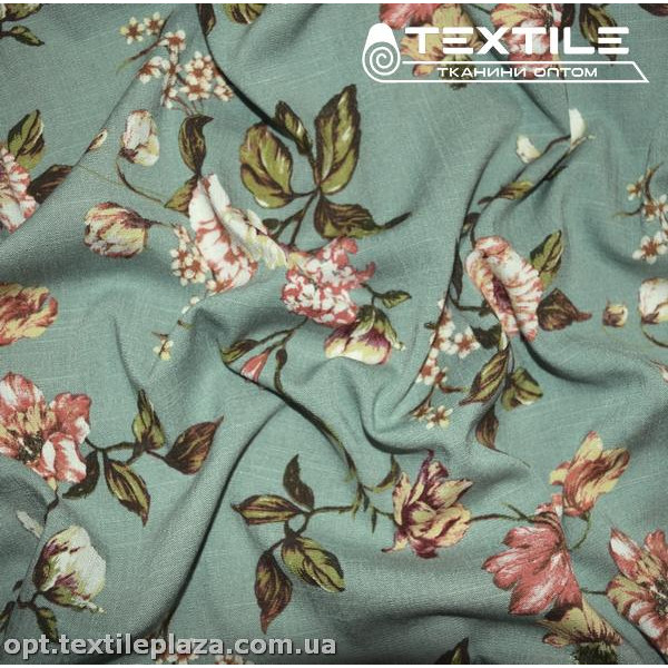 Лён вискозный slub цветной 4079D344C2 цветы, холодно-фисташковый