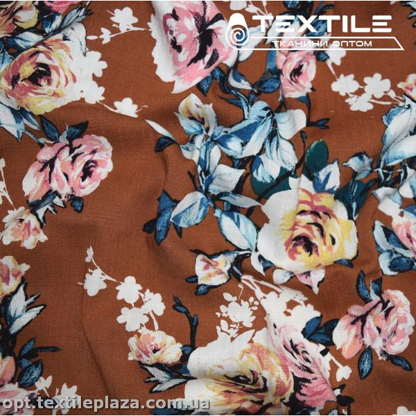 Лён вискозный slub цветной 4079D338C2 цветы, коричневый