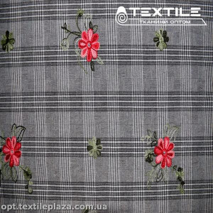 Лён цветной 3091D1C1 клетка, вышивка цветы, черный