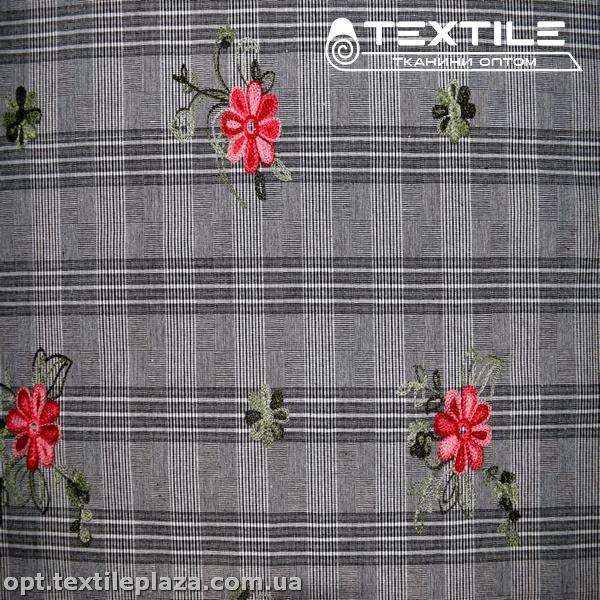 Лён цветной 3091D1C1 клетка, вышивка цветы, черный