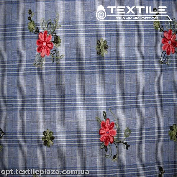 Лён цветной 3091D1C2 клетка, вышивка цветы, синий