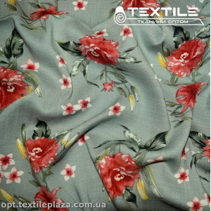 Лён вискозный slub цветной 4079D94C2 цветы, серо-фисташковый