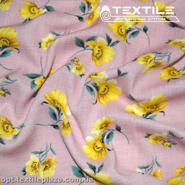 Лён вискозный slub цветной 4079D388C1 цветы, желто-розовый