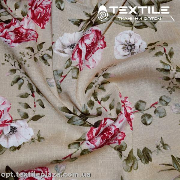 Лён вискозный slub цветной 4079D284C1 цветы, кремовый