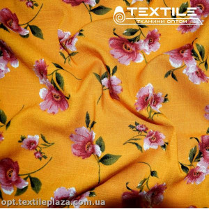 Лён вискозный slub цветной 4079D388C3 цветы, розово-оранжевый