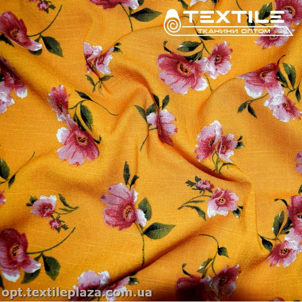 Лён вискозный slub цветной 4079D388C3 цветы, розово-оранжевый