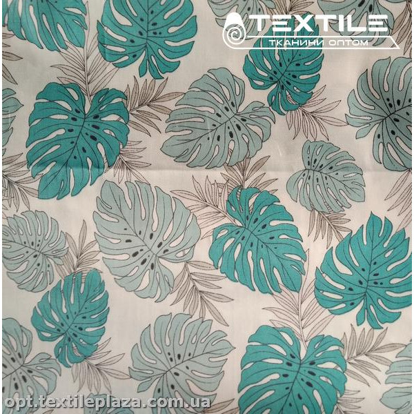 Сатин постельный цветной 1117D3C3 листья зеленые, белый