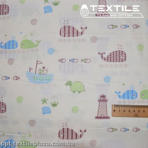 Сатин постельный цветной 11001D13C1 кораблики, молочно-белый