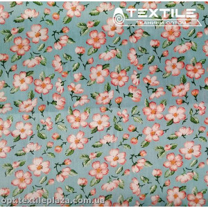 Сатин постельный цветной 7711D19C19 цветы, бирюзово-голубой