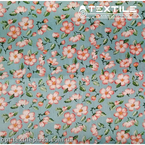 Сатин постельный цветной 7711D19C19 цветы, бирюзово-голубой