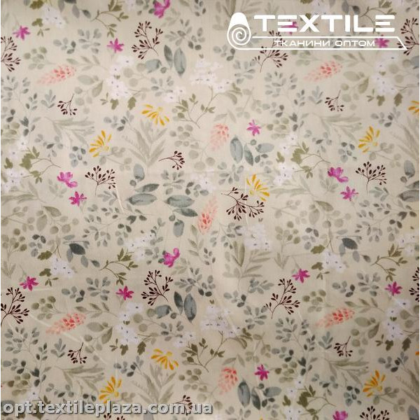 Сатин постельный цветной 1117D12C3 цветы, молочный