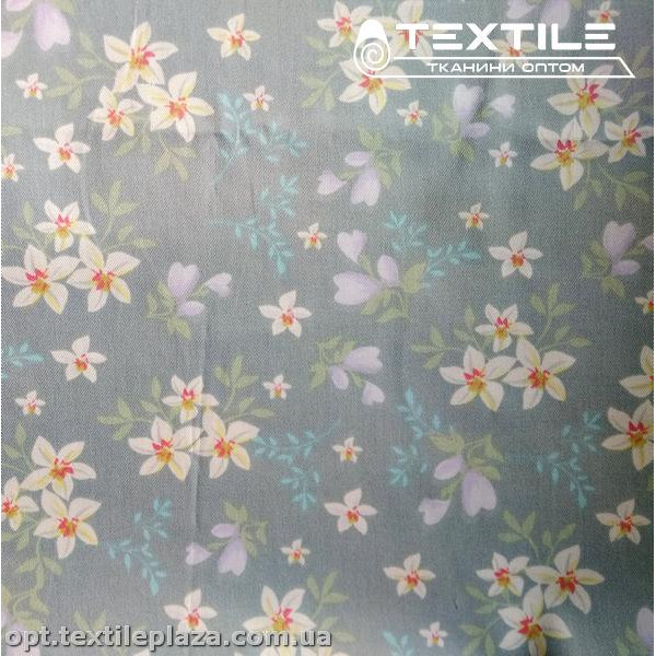 Сатин постельный цветной 1117D4C4 цветы, серый