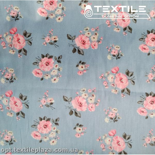 Сатин постельный цветной 7711D11C11 цветы, серо-голубой