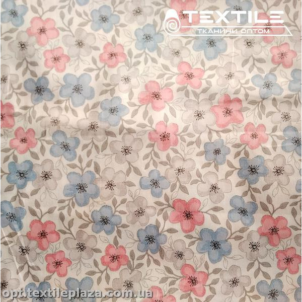 Сатин постельный цветной 1117D8C8 цветы розово-голубые, белый