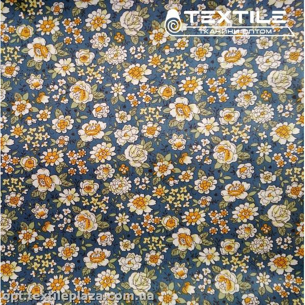 Сатин постельный цветной 1155D4C1 цветы, серо-синий