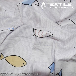 Сатин постельный цветной 1603D18C18 рыбки, сиренево-белый