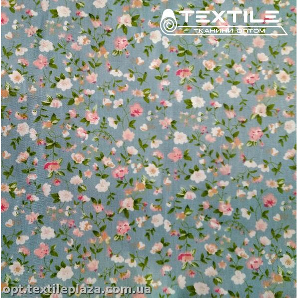 Сатин постельный цветной 7711D21C21 цветы, серо-голубой