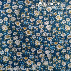 Сатин постельный цветной 7711D1C1 цветы, темная морская волна