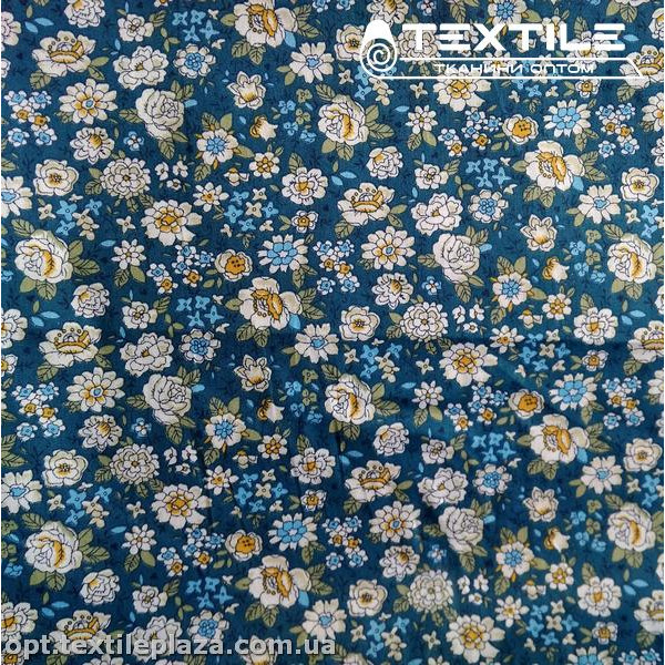 Сатин постельный цветной 7711D1C1 цветы, темная морская волна