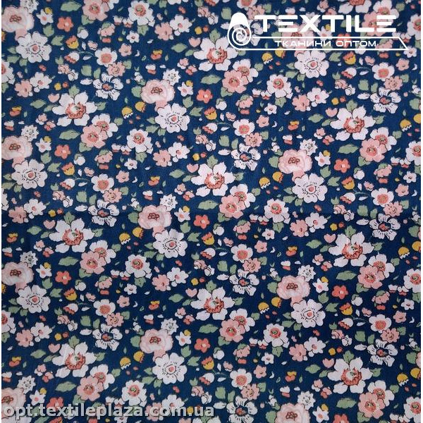 Сатин постельный цветной 7711D4C4 цветы, темно-синий