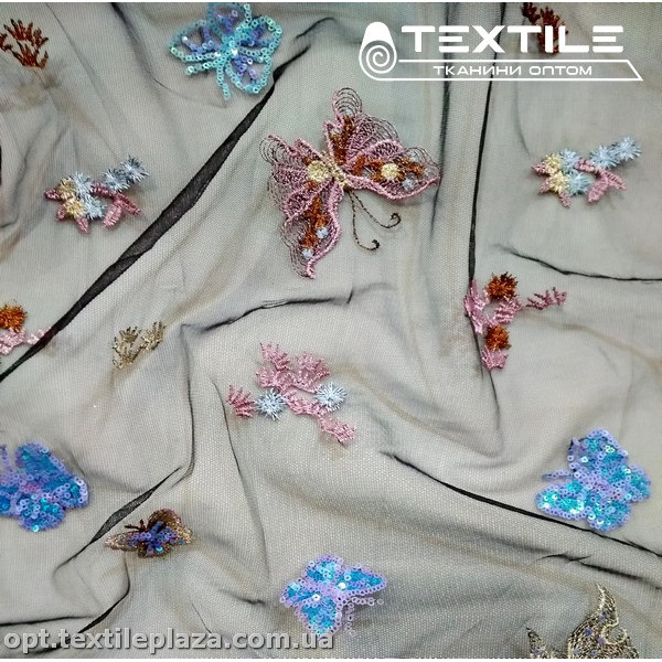 Сетка вышивка 16451D1C1 бабочки, черный