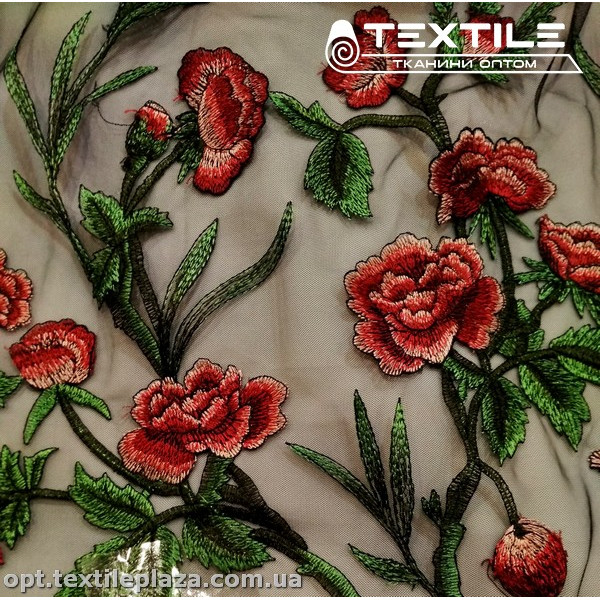 Сетка вышивка 16442D2C2 цветы красные, черный