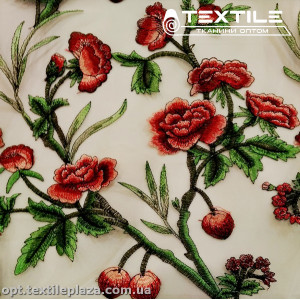 Сетка вышивка 16442D2C1 цветы красные, белый